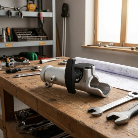 Heavy Duty Shaft Connector With Splines For Garden Power Tools Smooth Operator Instant Coupling Adapter on wooden workbench with tools.
