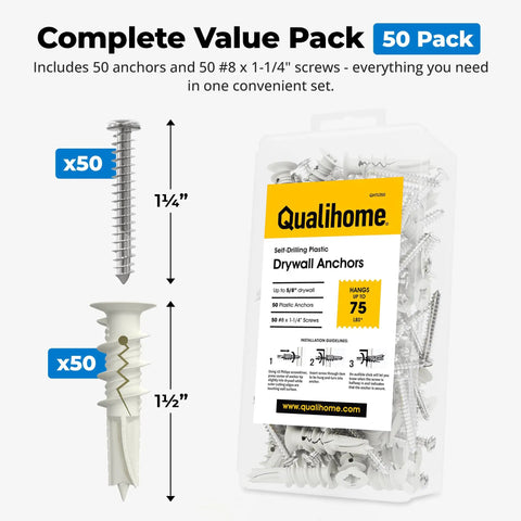 Complete value pack with 50 Self Drilling Drywall Anchors With Screws For Quick Easy DIY Install No Pre Drill Wall Anchor Kit