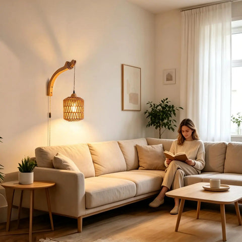ZEORIVAX Rattan Wall Lamp with Plug-in Cord Hand Woven Paper Rope Sconce glowing beside a woman reading on a beige couch.