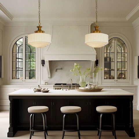 Vintage Brass Pendant Lamp With White Pleated Milk Glass Ceiling Fixture For Kitchen Island Hallway Bedroom Decor Antique Drum Chandelier over kitchen island.