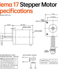 YEJMKJ Nema 17 bipolar stepper motor schematic: side and front views with shaft, mounting holes, and 4-wire connector.
