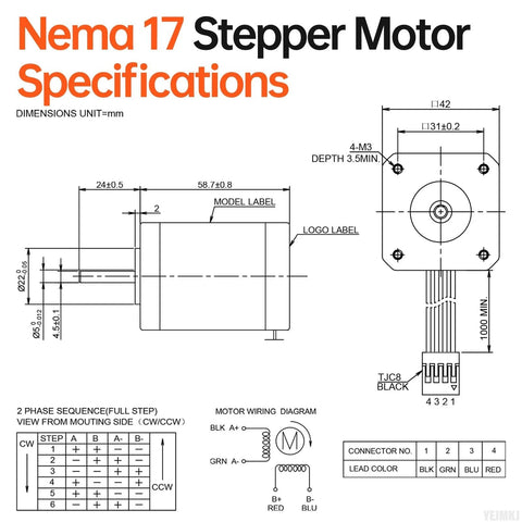 YEJMKJ Nema 17 bipolar stepper motor schematic: side and front views with shaft, mounting holes, and 4-wire connector.