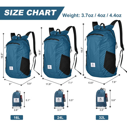 Size chart of Ultra Lightweight Water Resistant Packable Go To Hiking Daypack For Travel And Outdoor Adventures 16L Blue Backpack