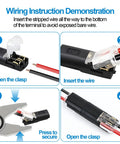 Wiring instructions for 90 Pack 2 Pin Snap Wire Connectors with Heavy Duty Locking Clips and Quick Stripper Tool.