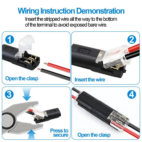 Wiring instructions for 90 Pack 2 Pin Snap Wire Connectors with Heavy Duty Locking Clips and Quick Stripper Tool.