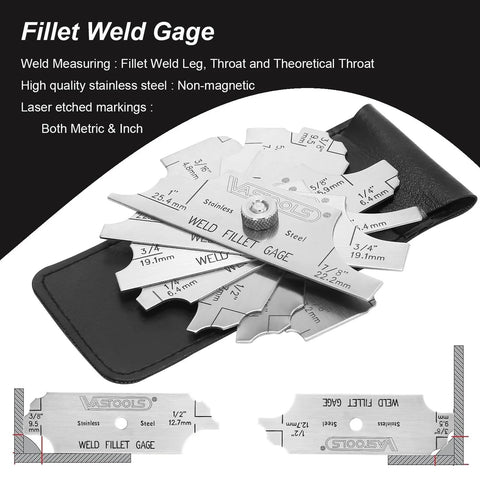 VASTOOLS fillet weld gauge set with stainless steel blades in a black leather case