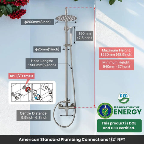 Diagram of Rugged Outdoor Shower Kit With Dual Function 8 Inch Rain Showerhead And Handheld Spray Wall Mount Single Handle SUS304