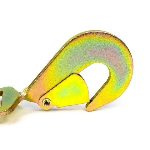 Close-up of snap hook from Yellow Series 2 Inch Complete Axle Tie Down System Heavy Duty Kit, steel hook visible in detail.
