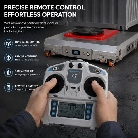 Heavy Duty Industrial Heavy Load Mover With 360 Degree Electric Remote Transport Platform remote control in use for precise movement.