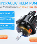 Hydraulic helm pump showing lock valve, relief valve, and air pocket features for 90HP Outboard Hydraulic Steering Kit.