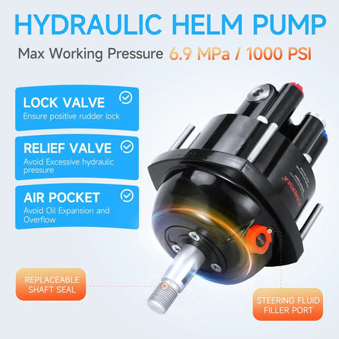 Hydraulic helm pump showing lock valve, relief valve, and air pocket features for 90HP Outboard Hydraulic Steering Kit.
