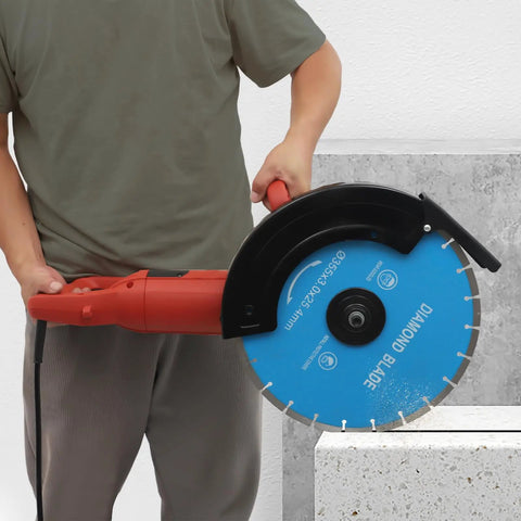 Heavy Hitter Circular Concrete Saw Powered By A Rugged 3000W Copper Motor And Thirteen Point Eight Inch Blade cutting through concrete.