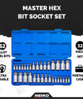 32 Piece Allen Hex Bit Socket Set With SAE And Metric Bits, S2 Steel Construction in blue plastic case, open view.