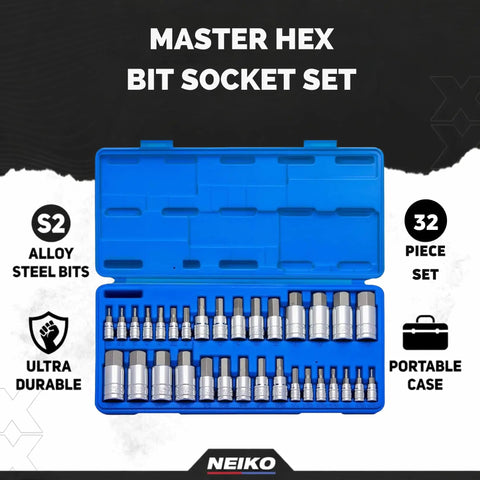32 Piece Allen Hex Bit Socket Set With SAE And Metric Bits, S2 Steel Construction in blue plastic case, open view.