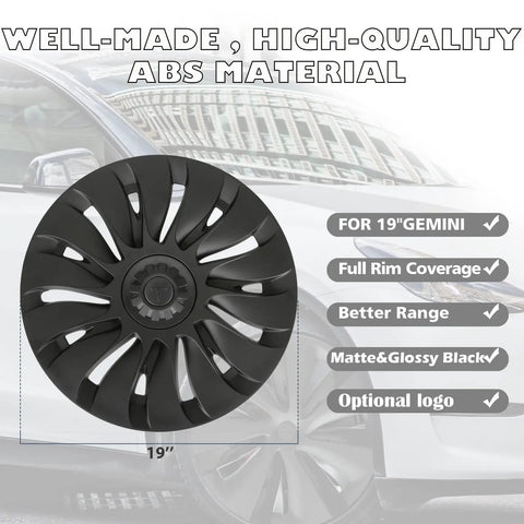 Tesla Model Y Wheel Covers 19 Inch 4 Piece Set Sleek Rim Guards No Sweat Install 2021 To 2024 Fit ABS wheel cover showing matte black design.