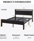 Heavy Duty Full Size Bed Frame With Wooden Headboard And Footboard In Black Oak, steel frame with slats and dimensions labeled.