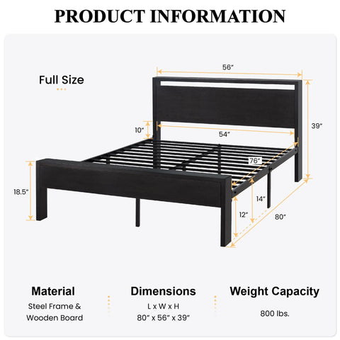 Heavy Duty Full Size Bed Frame With Wooden Headboard And Footboard In Black Oak, steel frame with slats and dimensions labeled.