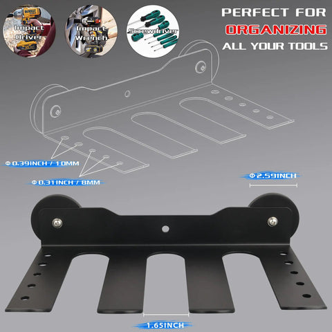 Magnetic Power Tool Organizer With 3 Slot Utility Rack, Wall Mount Heavy Duty Cordless Drill Holder And Removable Tool Tray For Garage, Workshop, And Warehouse, Keeps Tools Handy And Tidy. Black metal 3-slot wall rack with 2.59-inch tray