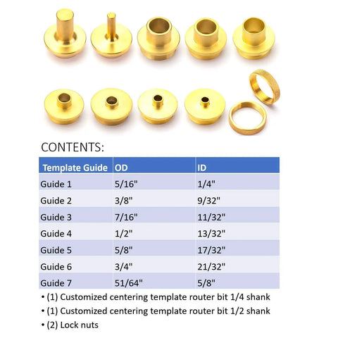 Eleven Piece Brass Router Guide Bushing Set For Pro Style Router Template Kit With Long Shank Bits And Lock Nuts Fits One And Three Sixteenths Inch Or One And Quarter Inch Base Plate; contents listed with measurements.