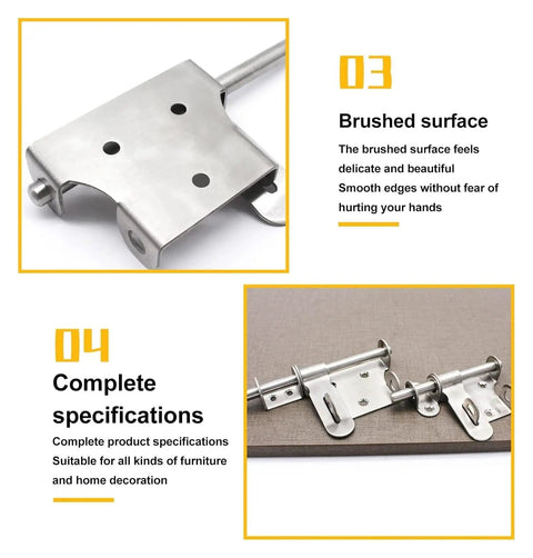 Rock Solid Heavy Duty Sliding Bolt Gate Latch With Padlock Hole For Secure Shed Barn Fence Doors Left Or Right Swinging Steel Hardware close-up of brushed stainless steel latch with smooth edges.