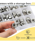Durable 304 Stainless Steel Acorn Nuts Assortment Kit – 100 Pieces with Sizes Like 6#32 displayed in a storage box.