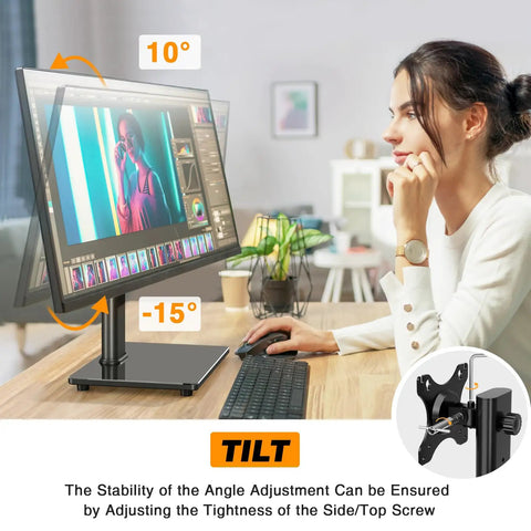 Free Standing Monitor Stand With VESA Mount For 13 To 32 Inch Screens showcasing tilt and swivel features on a desk
