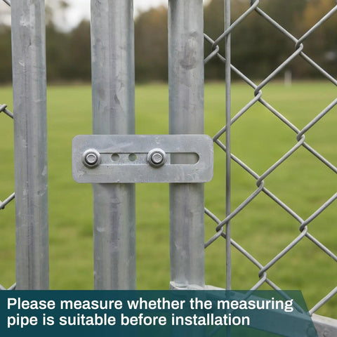 Built Like A Tank Adjustable Galvanized Gate Latch Stopper for Chain Link Fences installed on metal posts.