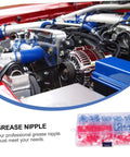 Engine with grease fittings and 100 Piece Hydraulic Zerk Nipples Fitting Set With Covers For Automotive Use Pro Grade Grease Fittings Kit