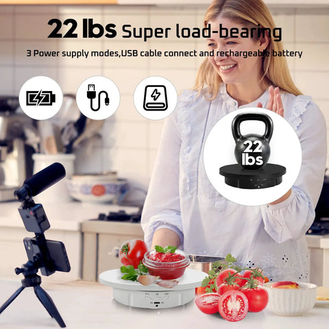 Stunning 3 in 1 Motorized Rotating Display Stand With Remote Control Max 22 Lbs Load For Jewelry Watches Products Photography Shoots Smooth 360 Electronic Turntable showcases a vibrant setting with tomatoes and a bowl.