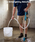 Cordless Stick Water Pump With 2.2 Inch Head Battery Powered Utility Pump transferring water into a bucket in a basement.