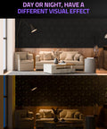 Day and night comparison of Top Shelf 12 Pack Self Adhesive Sound Proof Foam Wall Panels For Crisper Audio And Echo Free Vibes Easy Peel Stick Acoustic Tiles.
