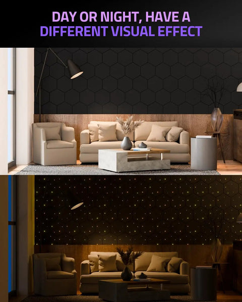 Day and night comparison of Top Shelf 12 Pack Self Adhesive Sound Proof Foam Wall Panels For Crisper Audio And Echo Free Vibes Easy Peel Stick Acoustic Tiles.