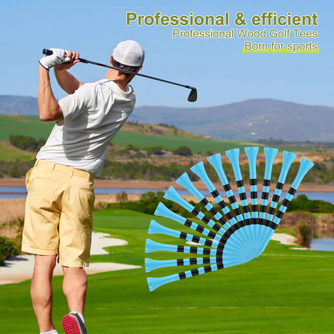 Golfer swinging club next to Must Have One Thousand Bulk Golf Tees Pack, Three And A Quarter Inch Wooden Bamboo Tees, Lake Blue Lines