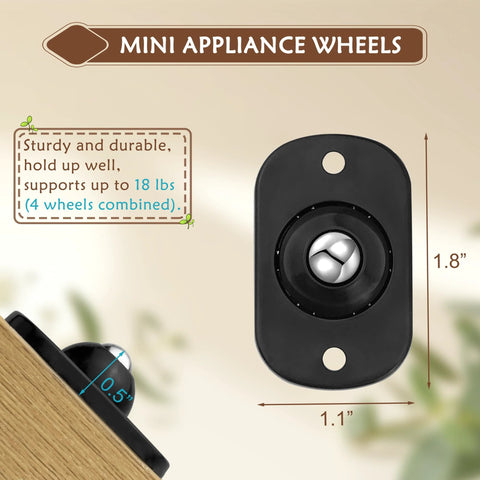8 Pack Self Adhesive Caster Wheels With 360 Degree Swivel For Small Kitchen Appliances, mini appliance wheel close-up with dimensions.