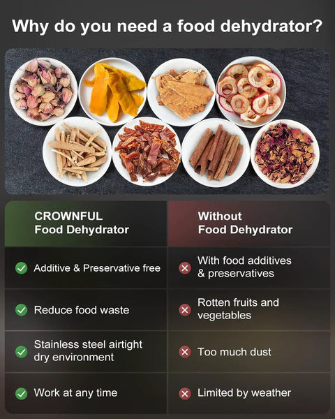 Food dehydrator benefits comparison chart showing dried fruits, jerky, herbs, and their advantages using Heavy Duty Food Dehydrator Machine With Seven Stainless Trays And Simple Temp Timer Tweaks Straight Up Crushes Bulk Snack Prep Gonna Keep Your Jerky Fruit Meat Herbs Fresh Year Round Tight.