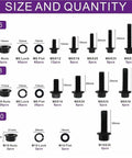All In One 272 Piece Flange Hex Bolts And Nuts Combination Kit With Washers M6x1.0 M8x1.25 M10x1.5 Grade 10.9 sizes and quantities chart
