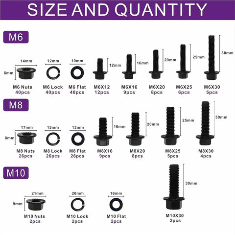 All In One 272 Piece Flange Hex Bolts And Nuts Combination Kit With Washers M6x1.0 M8x1.25 M10x1.5 Grade 10.9 sizes and quantities chart