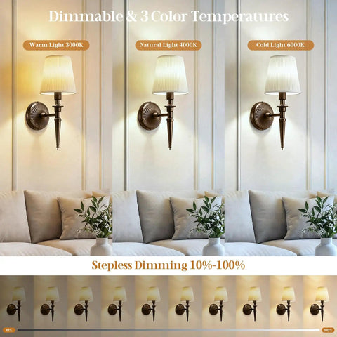 NICOLONOR Battery Operated Wall Sconces Set of 2, Wireless Wall Lights with 12 RGB Colors and 3CCT Dimmable, showing warm, natural, and cool light settings.