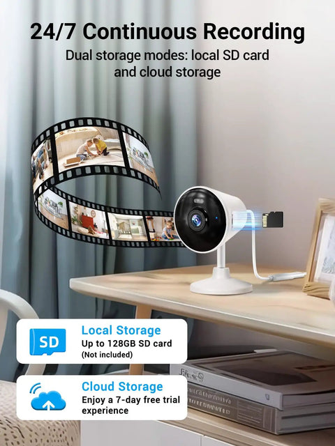 Dual Band Indoor Outdoor Security Camera With App Control For Home And Fur Babies, Spotlight, Color Night Vision shown on desk