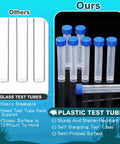 Comparison of glass and plastic test tubes with benefits listed, featuring 12 Pack Replacement Test Tubes For Aquarium Water Testing.