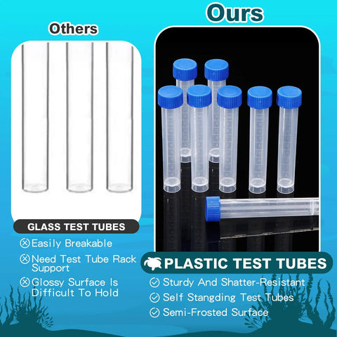 Comparison of glass and plastic test tubes with benefits listed, featuring 12 Pack Replacement Test Tubes For Aquarium Water Testing.