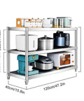 Heavy Duty Stainless Steel Shelving Unit Badass Three Shelf Storage Rack For Kitchen Garage And Commercial Office Sleek Silver Organizer Stand with kitchen appliances.