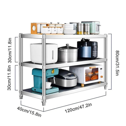Heavy Duty Stainless Steel Shelving Unit Badass Three Shelf Storage Rack For Kitchen Garage And Commercial Office Sleek Silver Organizer Stand with kitchen appliances.