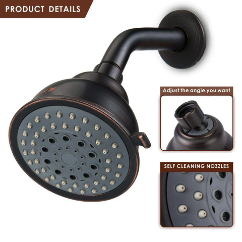 High Pressure Rain Shower Head With 5 Functions, Strong Water Flow Even at Low Pressure, Oil Rubbed Bronze Finish, 4-inch head