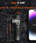 Beast Mode 1800 Lumens Tactical Flashlight With Type C Rechargeable, Magnetic Base, shown with dimensions and weight next to a smartphone.