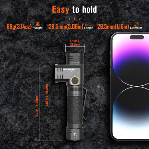 Beast Mode 1800 Lumens Tactical Flashlight With Type C Rechargeable, Magnetic Base, shown with dimensions and weight next to a smartphone.