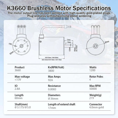 Specifications chart for Beefy 3800KV 4-Pole Brushless RC Motor With 3.175mm Shaft showing dimensions and electrical parameters.
