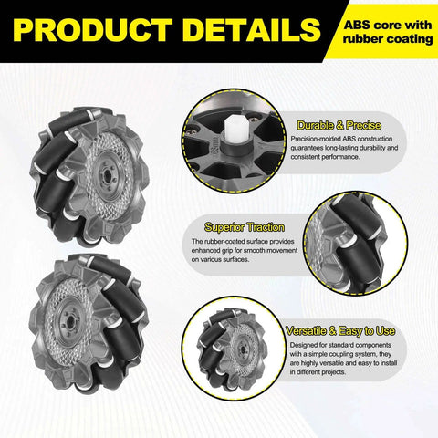 Two Piece Mecanum Wheel Set With Hex Pins And Screws, 66mm Omnidirectional ABS Rubber Wheels For Smart Robot Cars And DIY Models, Pro Grade Mobility, Durable Black with product features and close-up views.