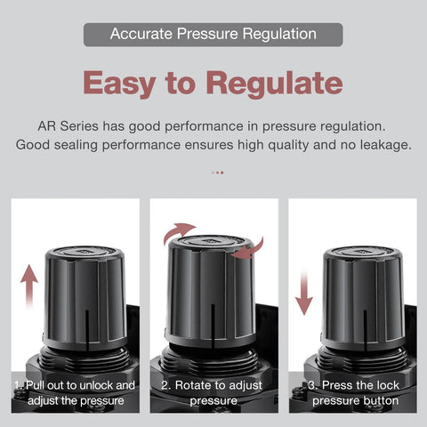 SNS air compressor pressure regulator with bracket and gauge, 1/4 NPT, adjustable 0-150 psi, front view