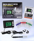 All In One pH and Temperature Meter for Aquariums and Hydroponics with probes, manual, and calibration sachets displayed